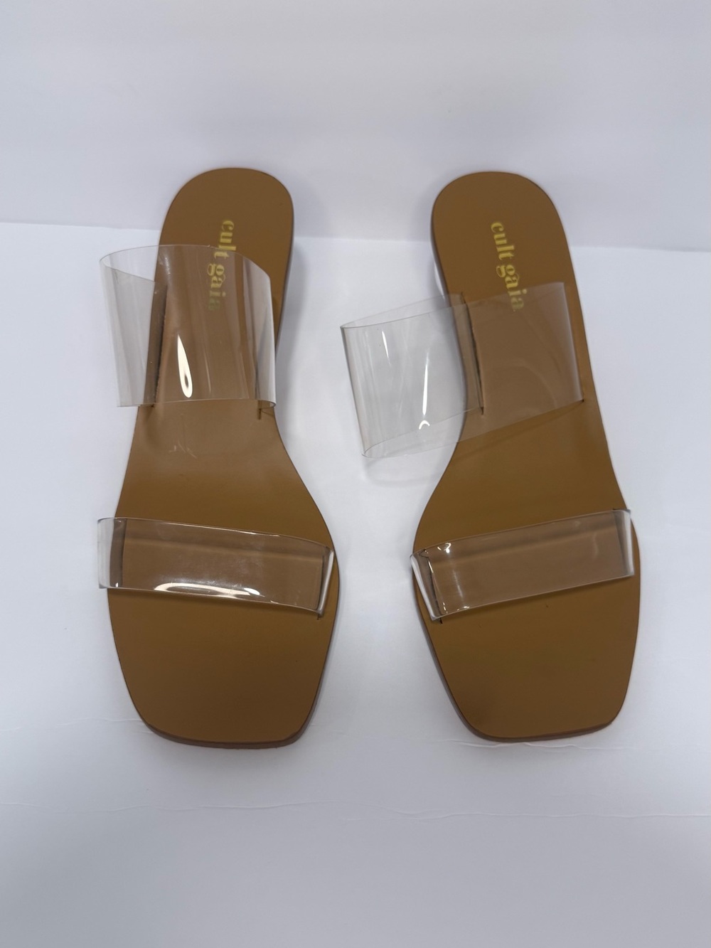 cult gaia Clear-Strap Tan Slide Sandals with Transparent Bands